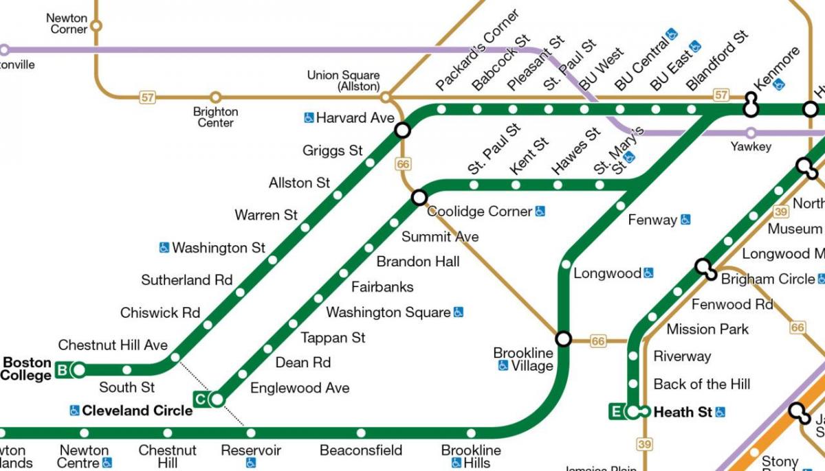MBTA zelená linka mapě