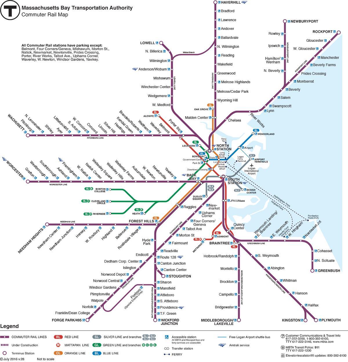 dojíždějící železniční mapa Boston