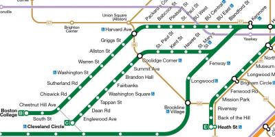 MBTA zelená linka mapě